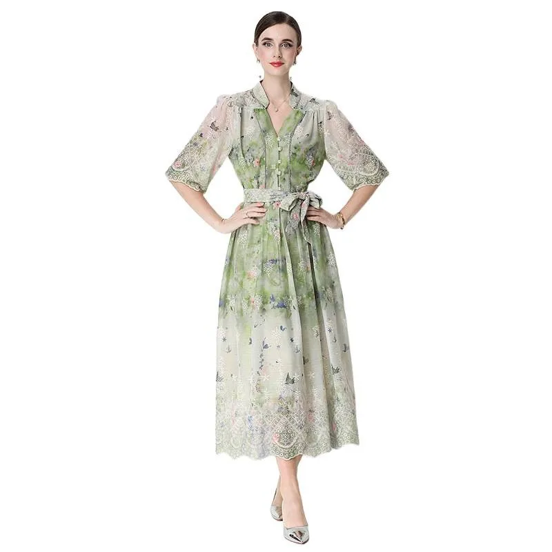 

2026 French Hollow Embroidery Printed Maxi Dresses Women's Summer Short-sleeve Dress V-neck Elegant Lace-up Slim A-line Dresses