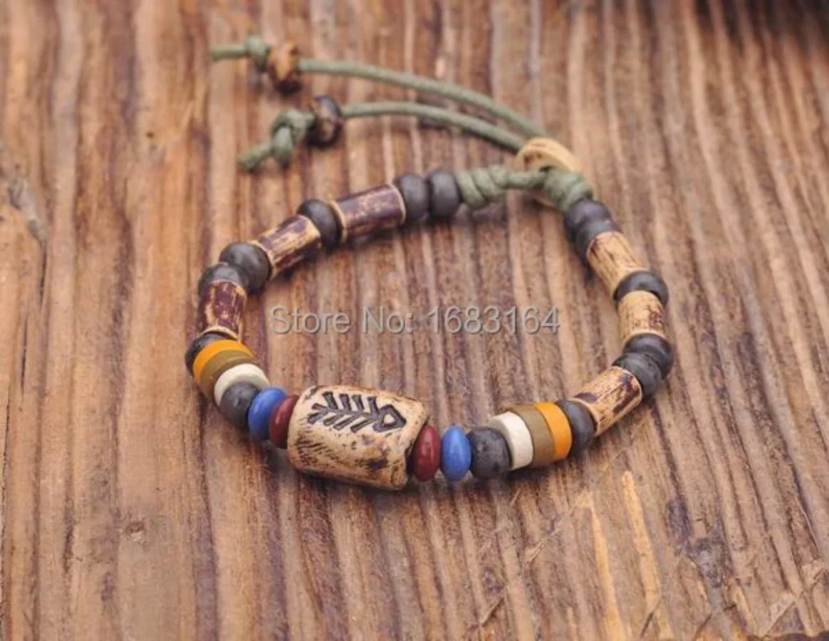 G164 B Handmade Craft Hemp Surfer Wristband Bracelet Bangle Ceramic Clay Beads Mens
