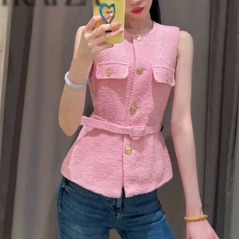 2025 Woman Fashion Tweed Texture Vest Casual Slim Versatile Women Single Breasted With Belt Tank Tops Summer Outerwear