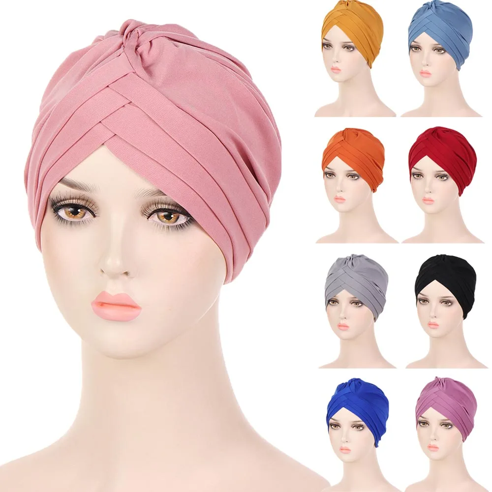 Muslim Women Twisted Knot Chemo Caps Hair Loss Indian Hats Forehead Cross Folded Hijab Lady Pleated Bonnet Headwrap Scarf Cover