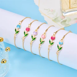 Korean Tulip Flower Bracelet For Women Light Luxury Enamel Copper Lobster Clasp Chain Adjustable Charm Bracelet Trendy Jewelry
