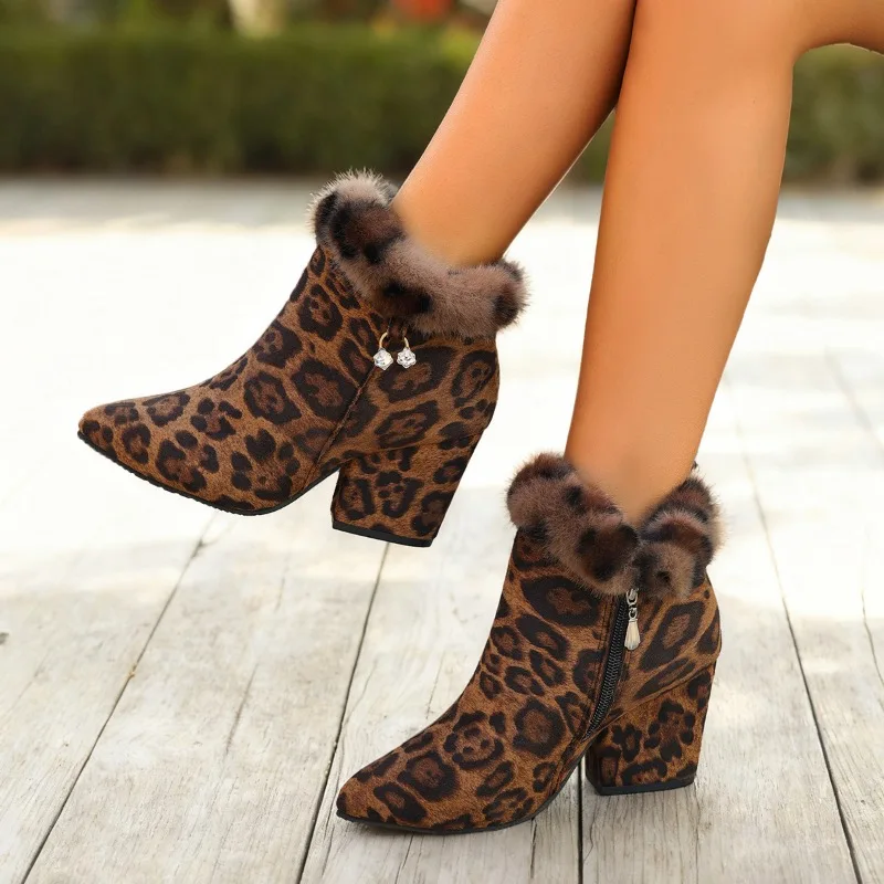

YUANWUXIONG Hot Selling Leopard Block Heel Booties Fashion Pointed Toe Side Zipper Flannelette Non-Slip Wear-Resistant Heels