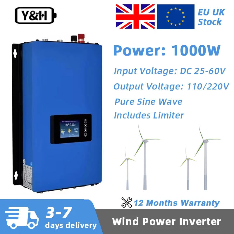 Inverter Eolico Grid-Tie MPPT Y&H 1000W con Limitatore/Carico di Scarico, da 22-65VDC a 110V/230VAC per Generatore Eolico AC 24V (Modulo Wi-Fi Opzionale)