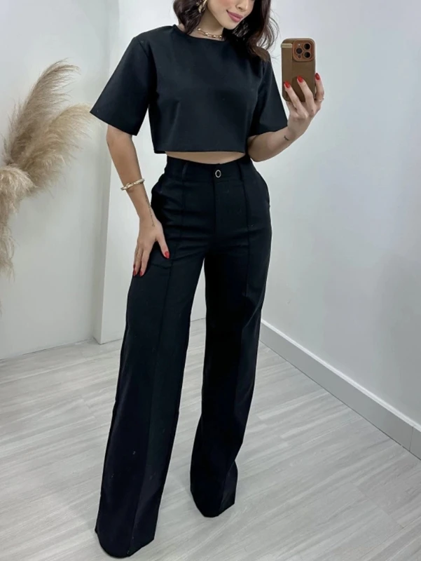 Women's 2024 Summer Two Piece Pants Set Solid Color Round Neck Short Sleeve Umbilical Top+Straight High Waist Wide Leg Pants