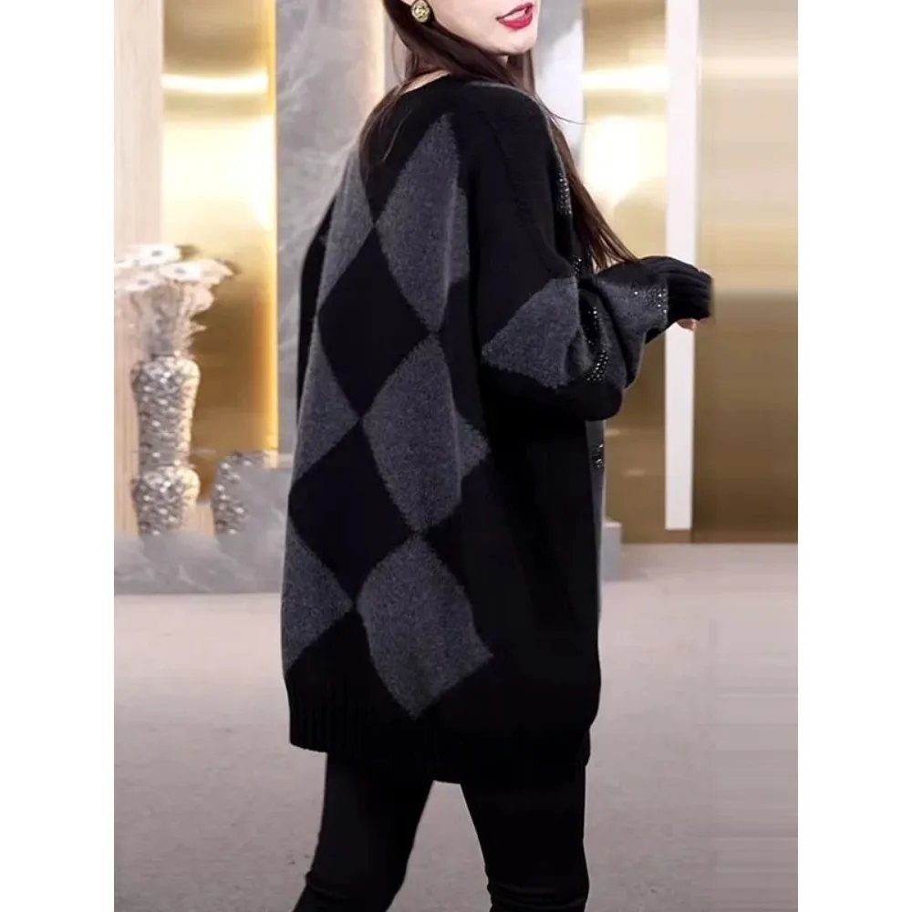 다림질 다이아몬드 탑 세련된 풀오버 니트 스웨터 가을, 겨울 새로운 박쥐 모양의 중간 길이 v 넥 우아한 다목적 탑