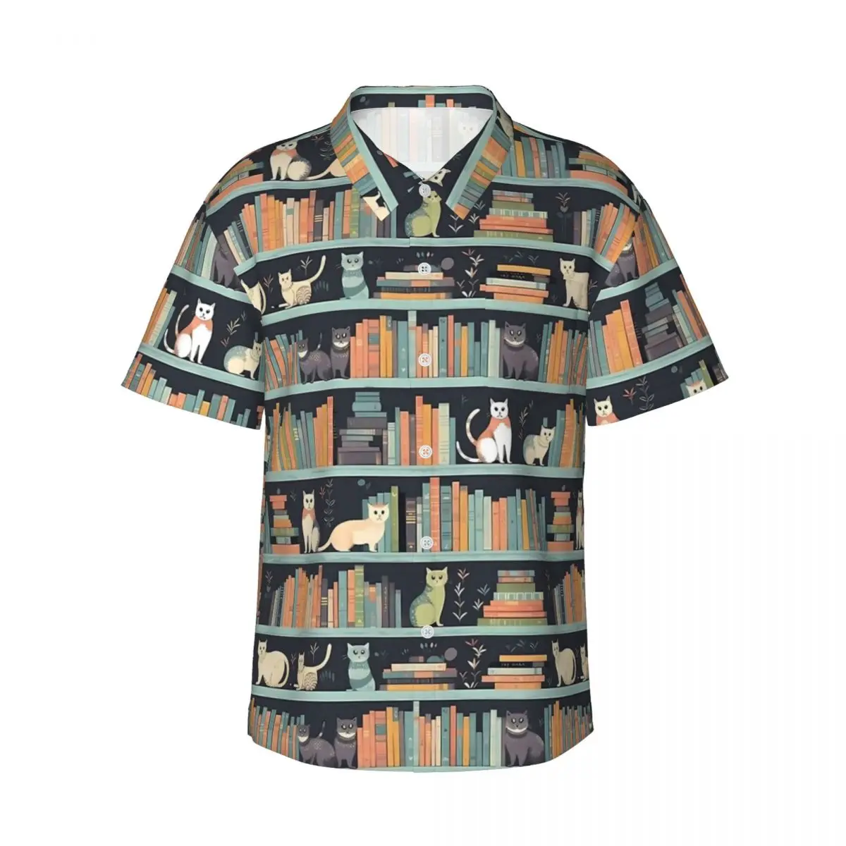 Library Cat Hawaiian Shirt Men Beach Cute Cats In Library Books Casual Shirts Short Sleeve Streetwear Design Oversize Blouses