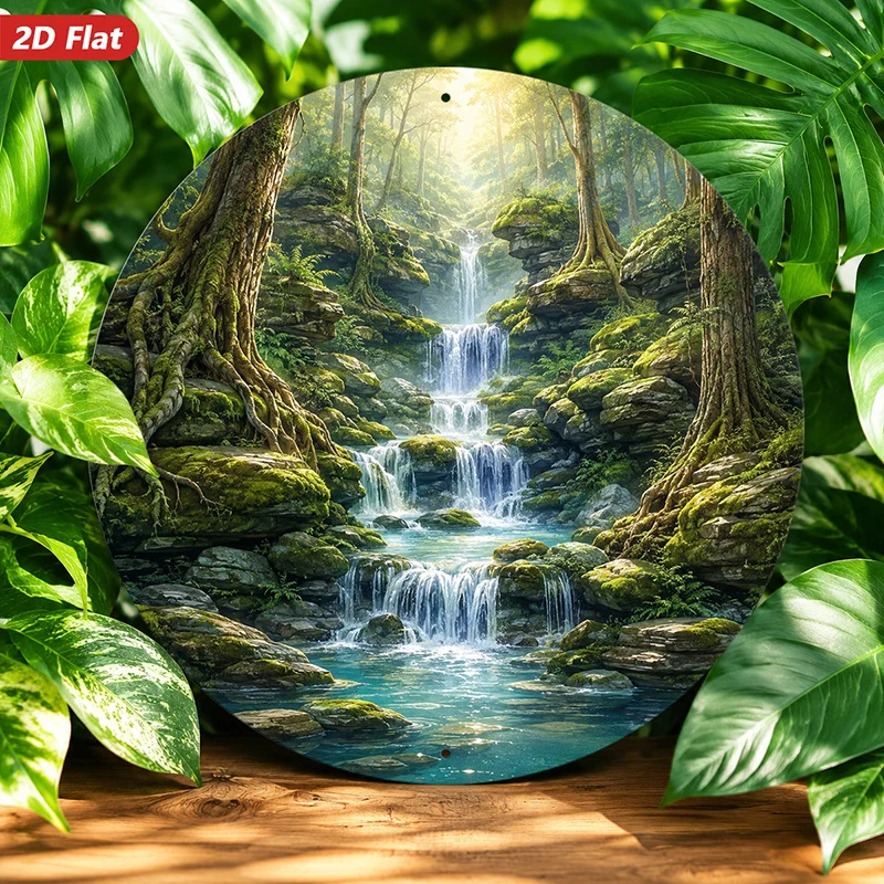 2D Flat,Forest Waterfall Serenity Round Metal Sign Wall Art, Ideal for Bedroom Office, Cascading Waterfall, Home Decor,
