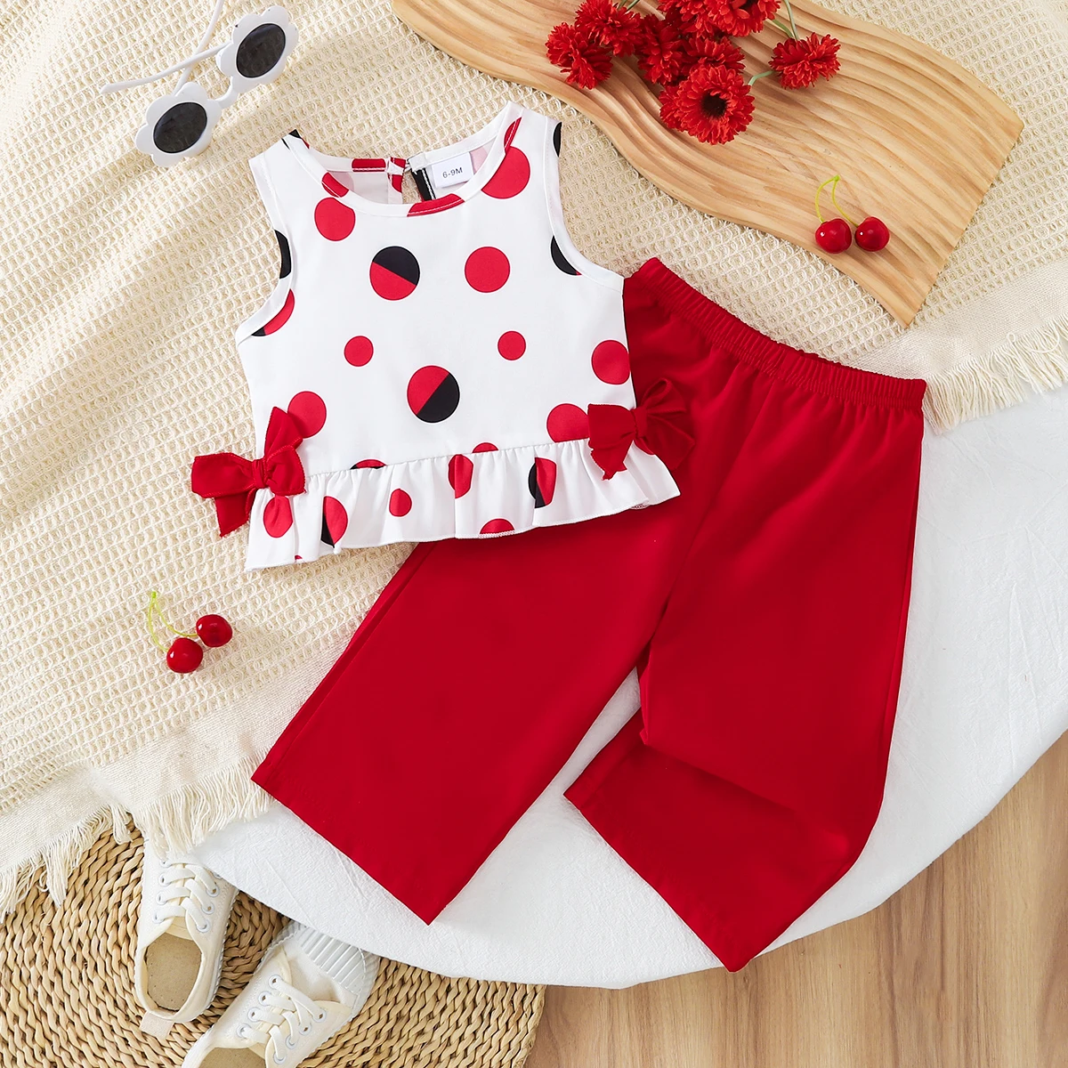 2026 Summer Baby Girls 2-piece S Polka Dot Sleeveless Top &Wide Leg Pants Casual Daily Wear Life Party Kids 2-piece Outfit