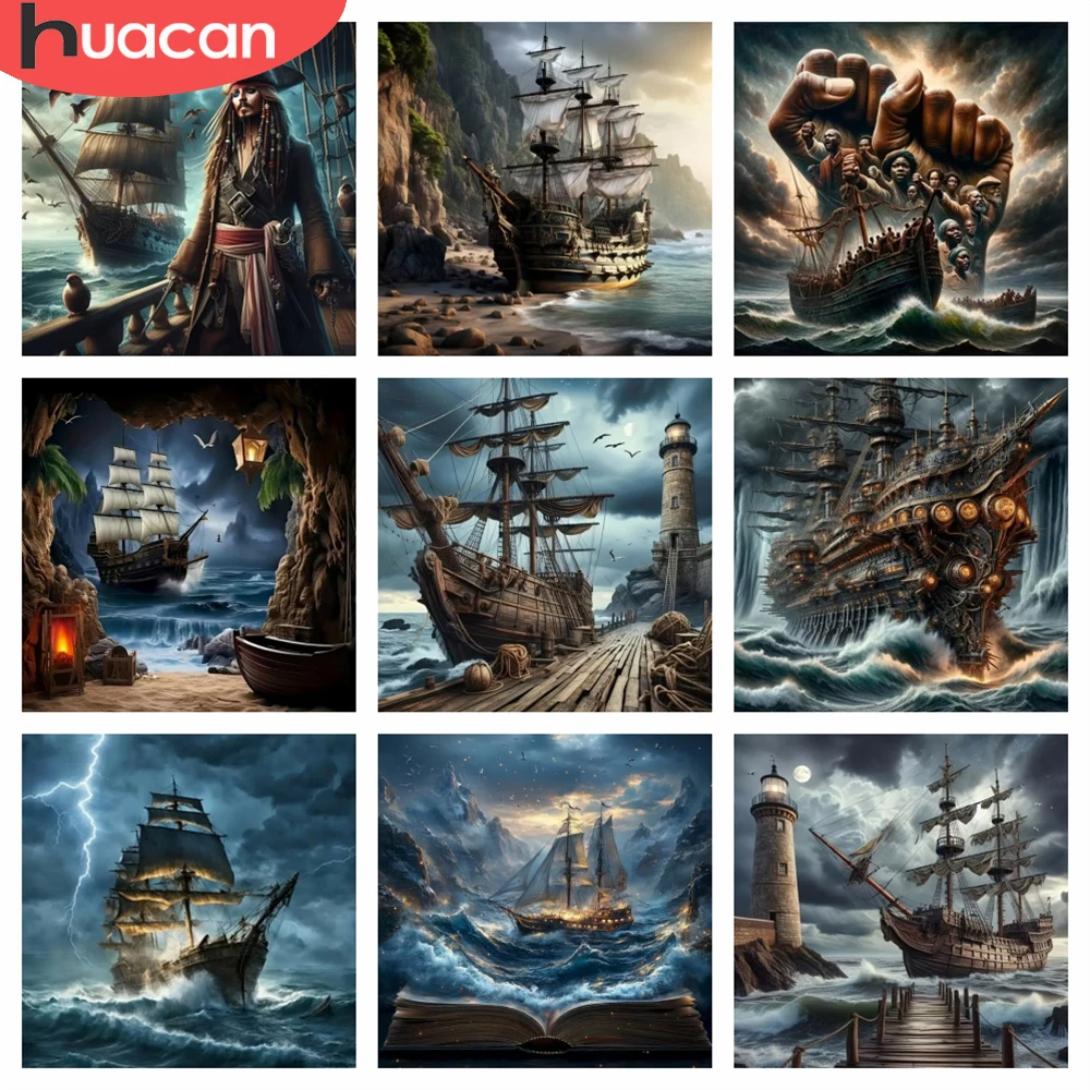 HUACAN Diamantmalerei Segelboot-Landschaft Handgefertigtes Mosaik Meereswellen-Boot-Szenerie Heimdekoration Komplette Sets Kunstgeschenk