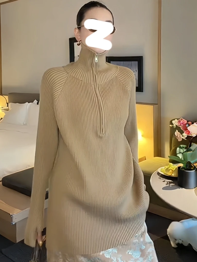 

plus Size Autumn Winter Lazy Sle High Collar Zipper Knitted Sweater Women Fat MM Slimming Loose Versatile Mid-Length Sweater