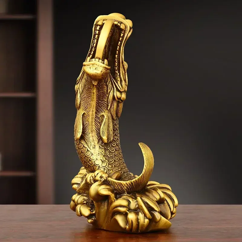 Feng Shui Copper Inviting Wealth Brass Dragon Head Fish Ornament Home Desktop Decor