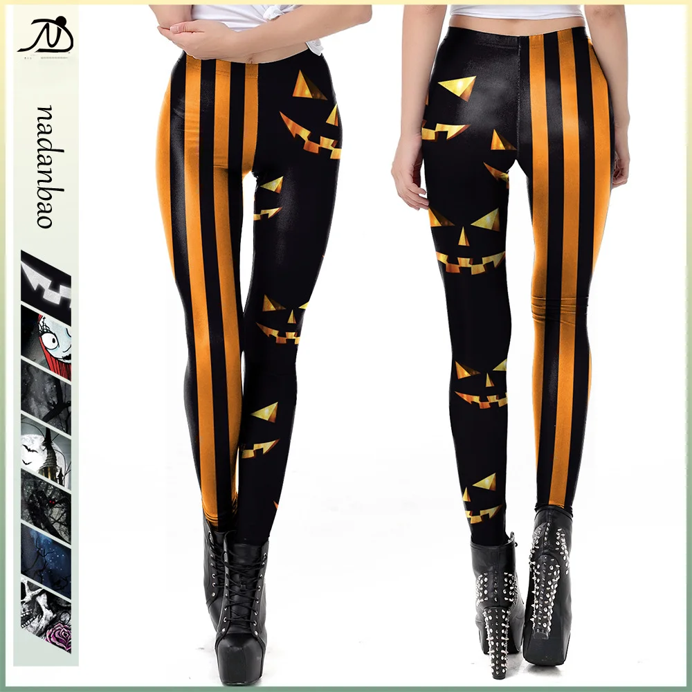 Nadanbao Halloween Holiday Party Pants Women Funny Pumpkin Head Printing Elastic Leggings Female Sexy Tights Mid Waist Trousers