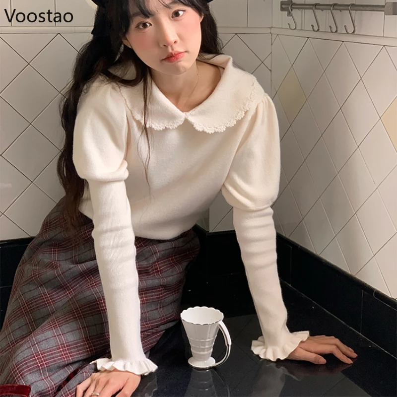 Autumn Winter Sweet Lolita Knitted Pullovers Women Vintage Lace Peter Pan Collar Gigot Sleeve Sweater Girls Cute Knitwear Tops