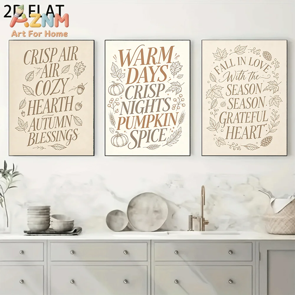 AZNM Frameless Canvas Wall Art, Autumn Quote Text Print with Maple Leaf Pumpkin Acorn, Vintage Fall Season Grateful Words Art Po