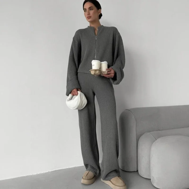 

Knitted Zipper Coat Pants 2-Piece Set Women's Long-Sleeved Wide-Leg Pants Loose Casual Set 2025 Fall Winter New Commuting