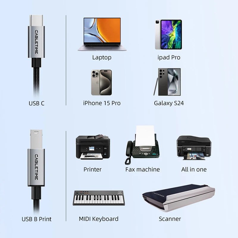 CABLETIME USB Printer Cable USB USB B Male to Type C Male USB 2.0 Cable 5Gbps High Speed Extension Printer Cable For Canon HP