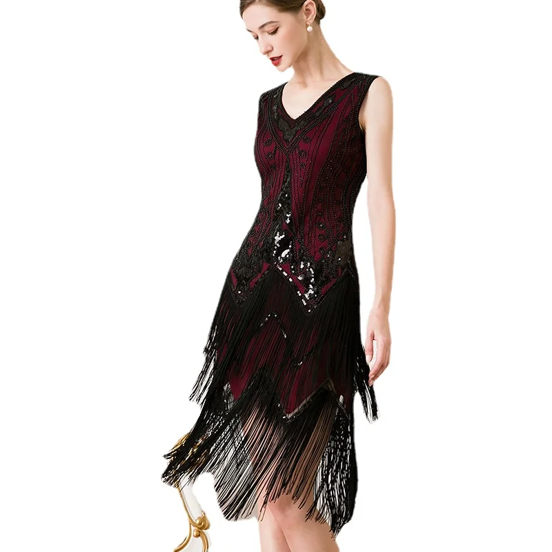 

Vintage 1920s Flapper Double V-neck Tassel Dress Great Gatsby Cosplay Costume Cocktail Party Charleston Dance Sequin Stud Dress