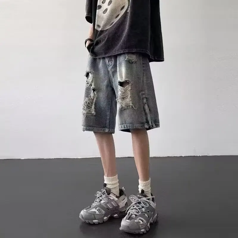 Summer Vintage Washed Ripped Denim Shorts Men's Loose Fit Five-Quarter Length Cotton Straight Leg No Stretch Youth Casual Shorts