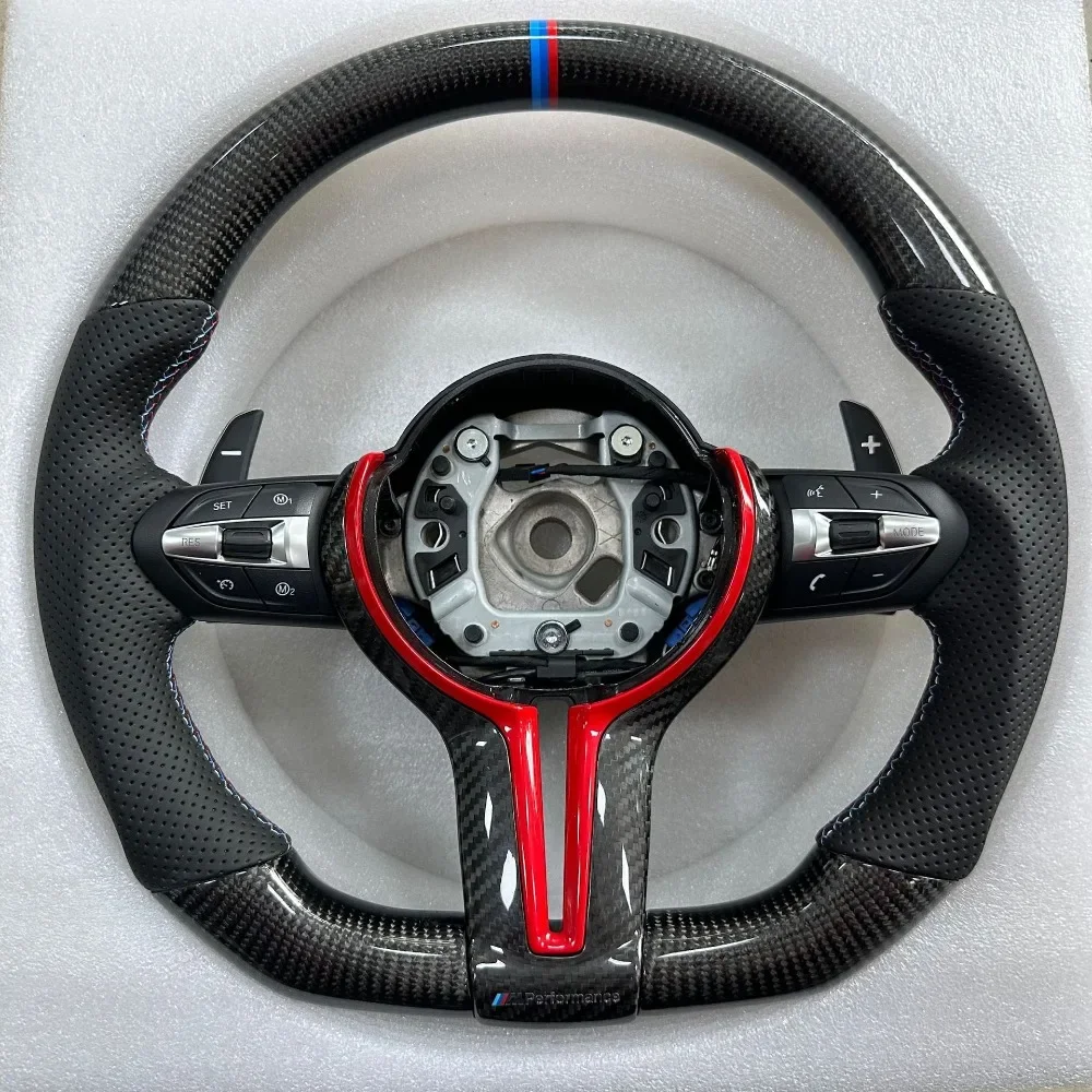 For BMW M3 M5 M6 F10 F20 F30 Replacement Real Glossy Carbon Fiber Steering Wheel With Perforated Leather