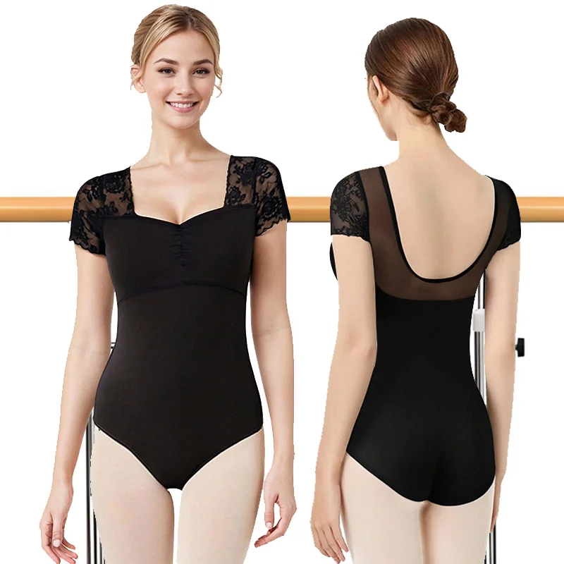 

Женский кружевной балетный купальник с короткими рукавами для взрослых, танцевальный топ для гимнастики с сетчатой спинкой и мягкой подкладкой, танцевальные купальники