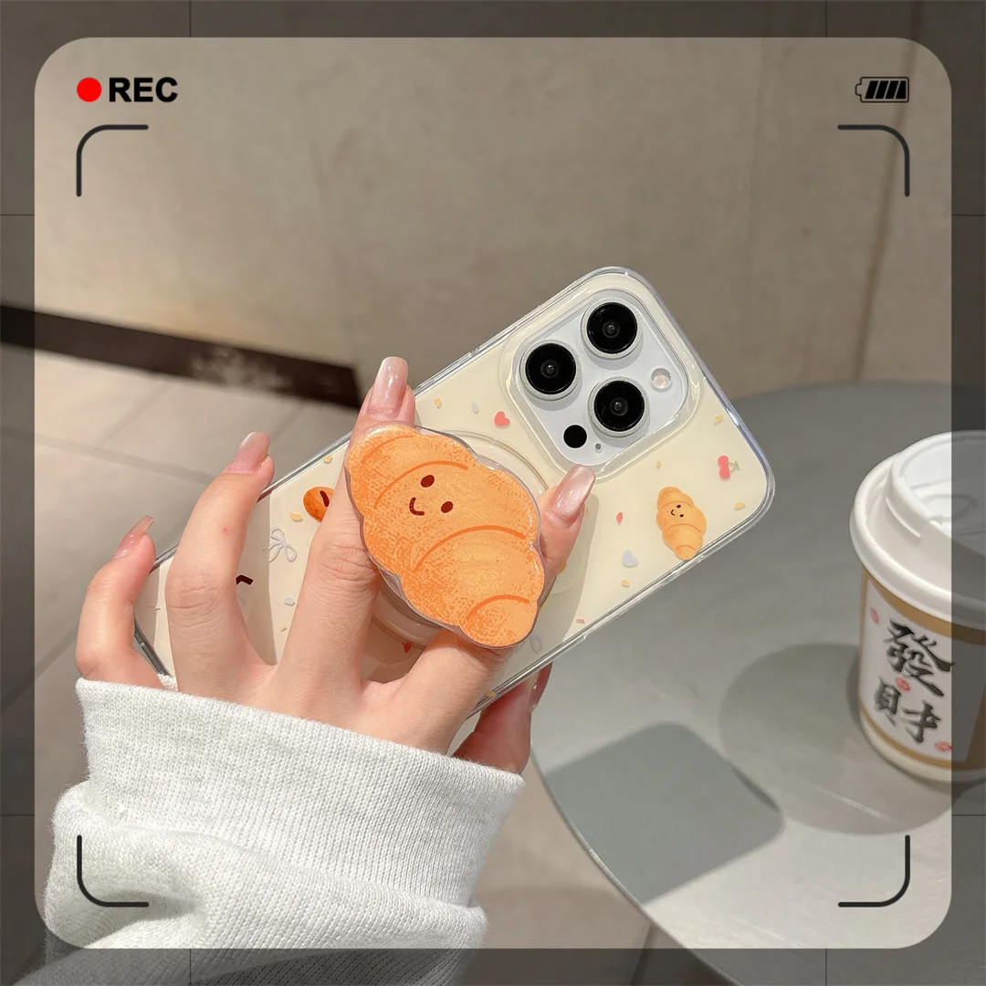 Ins Korean Cute Cake Croissant Magnetic Bracket Phone Case For iPhone 16 15 14 13 Pro Max 15 14 16 Pro Shockproof Back Cover