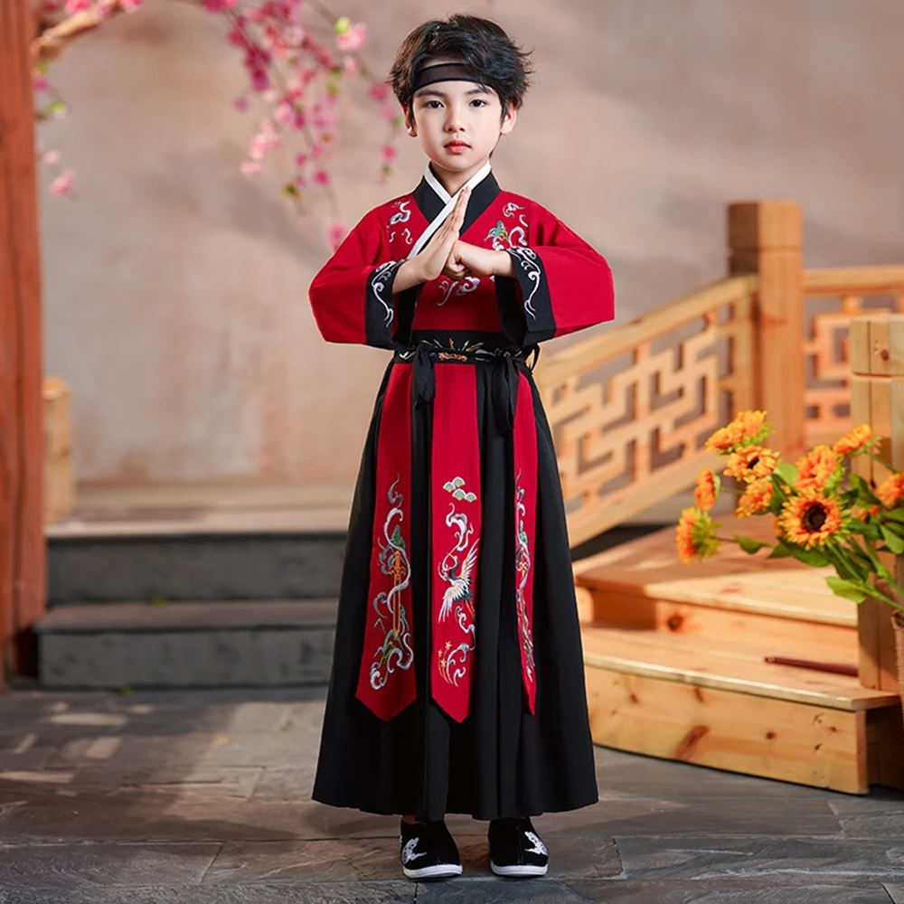 Traje de escenario Hanfu rojo y negro para niños, traje Tang para Halloween, traje tradicional chino antiguo bordado de alta calidad