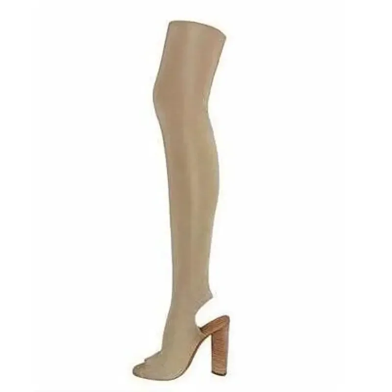 Thin Over the Knee Sock Peep Toe Boots Knit Stretch Women Boots Square Heels Shoes Sexy Party Dress Spring Autume Shoes Slio On