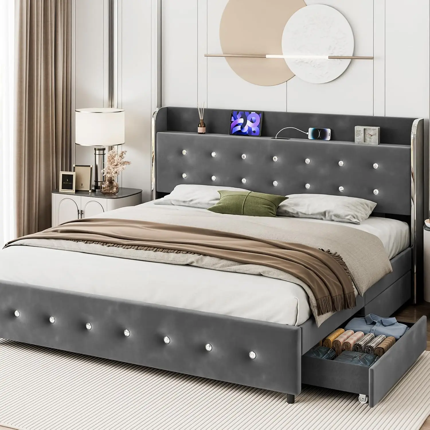 Idealhouse Marco de cama tamaño King con cabecera de almacenamiento, marco de cama con plataforma tapizada de terciopelo con 4 cajones de almacenamiento, incorporado