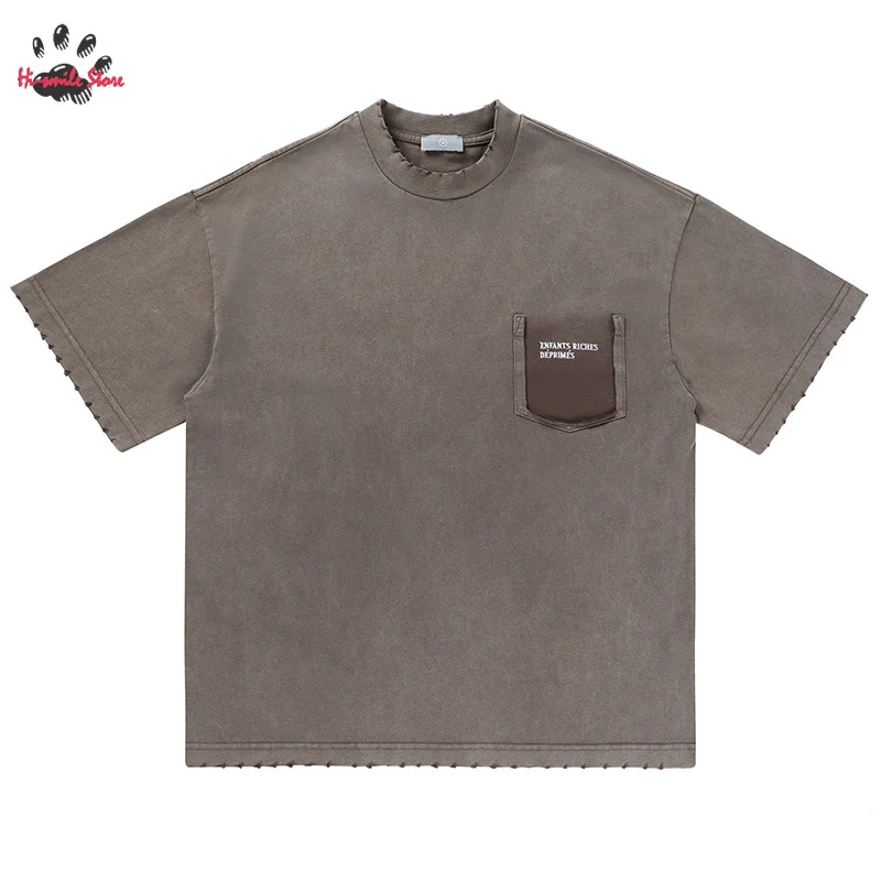 

Oversize Grey Brown Pocket LOGO Embroidery ERD T-shirt Men Woman Summer Casual High Quality Washed Do Old Damaged Tops Tee