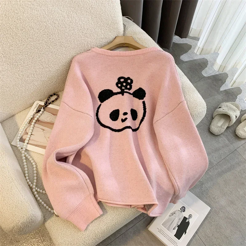 Women's Pink Panda Cardigan Knitted Sweater Harajuku Y2k Long Sleeves O-Neck Sweater Vintage 2000s Aesthetic Clothes 2024 Autumn