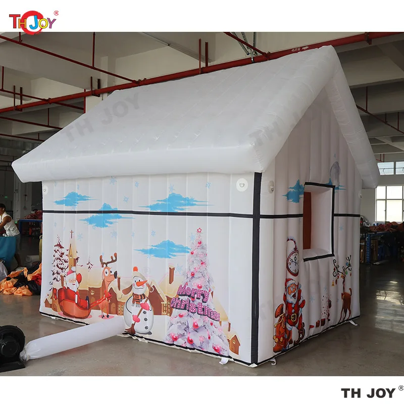 زينة عطلة خارجية بيضاء قابلة للنفخ لعيد الميلاد مع أضواء بيضاء، خيمة منزل سانتا المحمولة للحفلات الاحتفالية