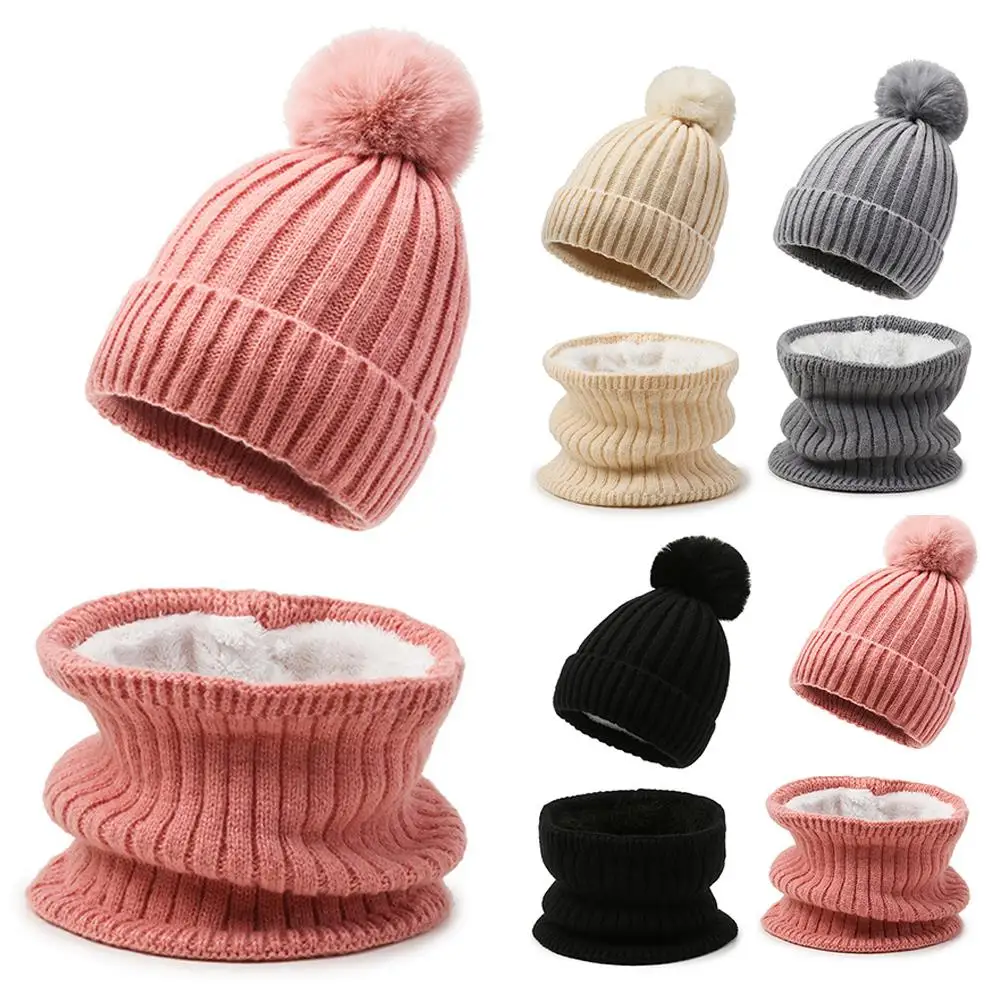 2Pcs Knitting Wool Scarf Hats Solid Color Two-Piece Plush Big Pompom Beanie Cap Neck Scarf Thicken Knit Fleece-lined Beanies