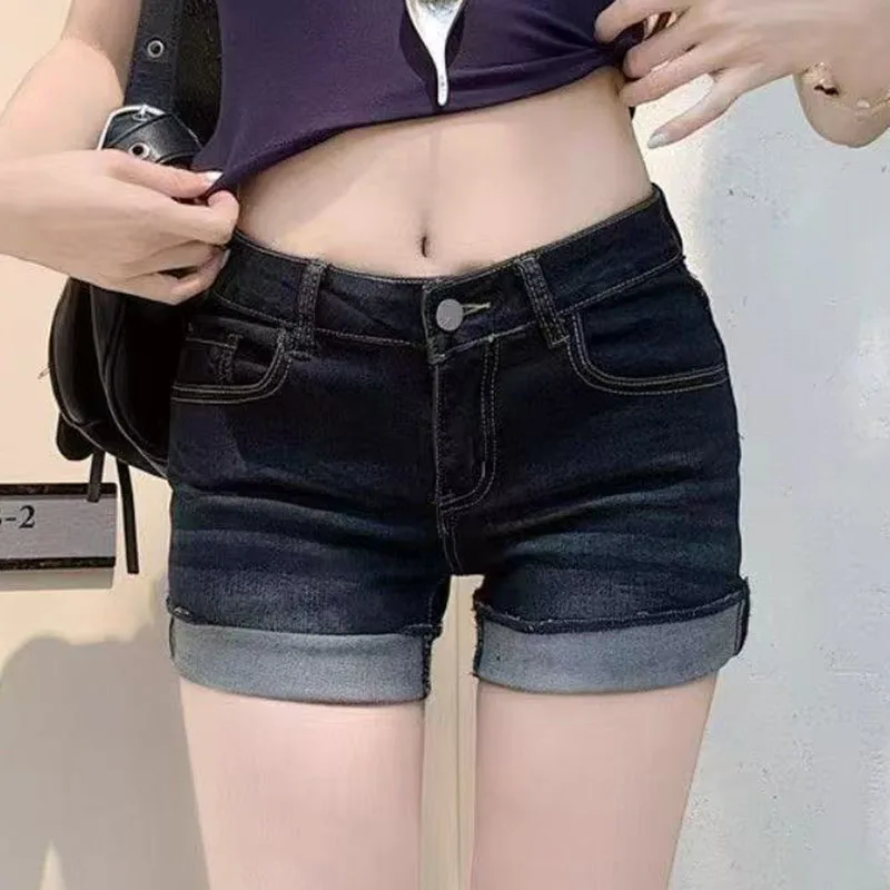 American Retro Edge Curl Jean Shorts Female Sexy Hot Girl Skinny Elastic Denim Shorts Woman Summer Deep Blue Washed Mini Jeans