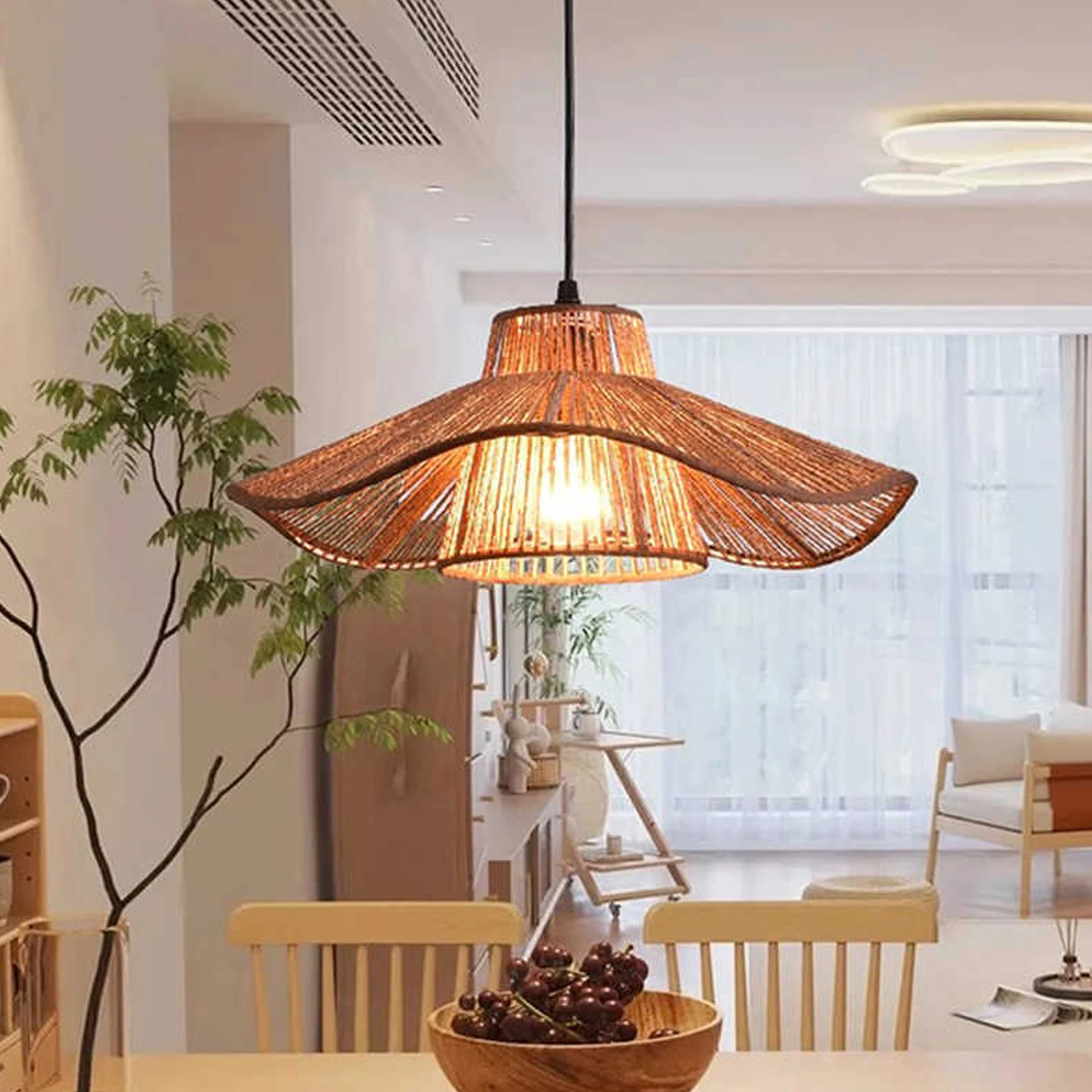 Rattan Pendant Lamp Retro Handwoven Rope Straw Hat Pendant Light Dining Room Farmhouse Bedroom Home Decor Chandelier Lights