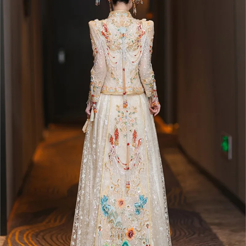 New champagne-colored Chinese-style wedding dress gown and bridal