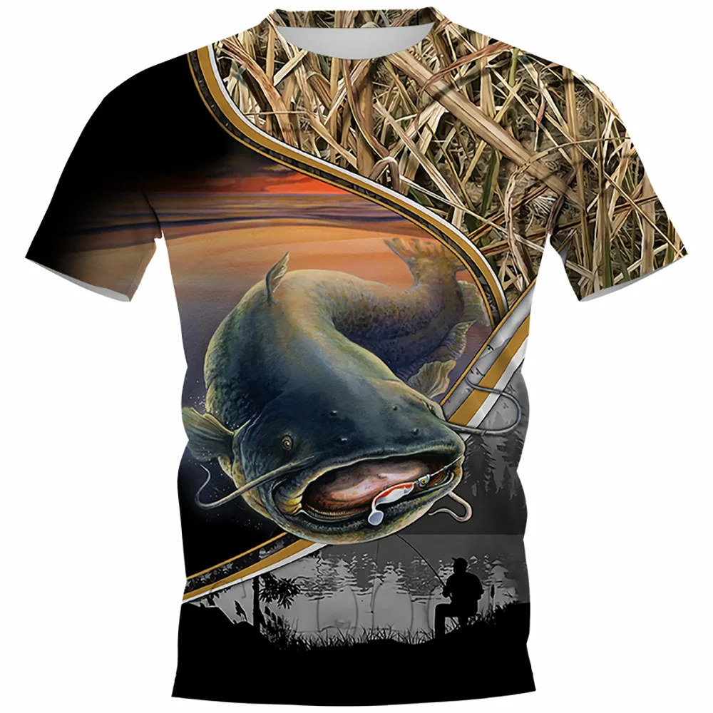 Summer Carp Fishing Print T-shirts For Men Outdoor Catfish Printing Loose  Short Sleeve Quick Drying Tee Shirt Casual Street Top