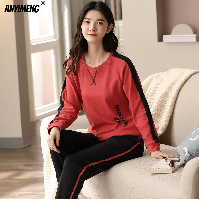 100% Pure Cotton Sleepwear Pajamas for Women 2023 New Fashion Homewear Round Neck Sporty Style Pijamas Good Quality Lingerie Pjs