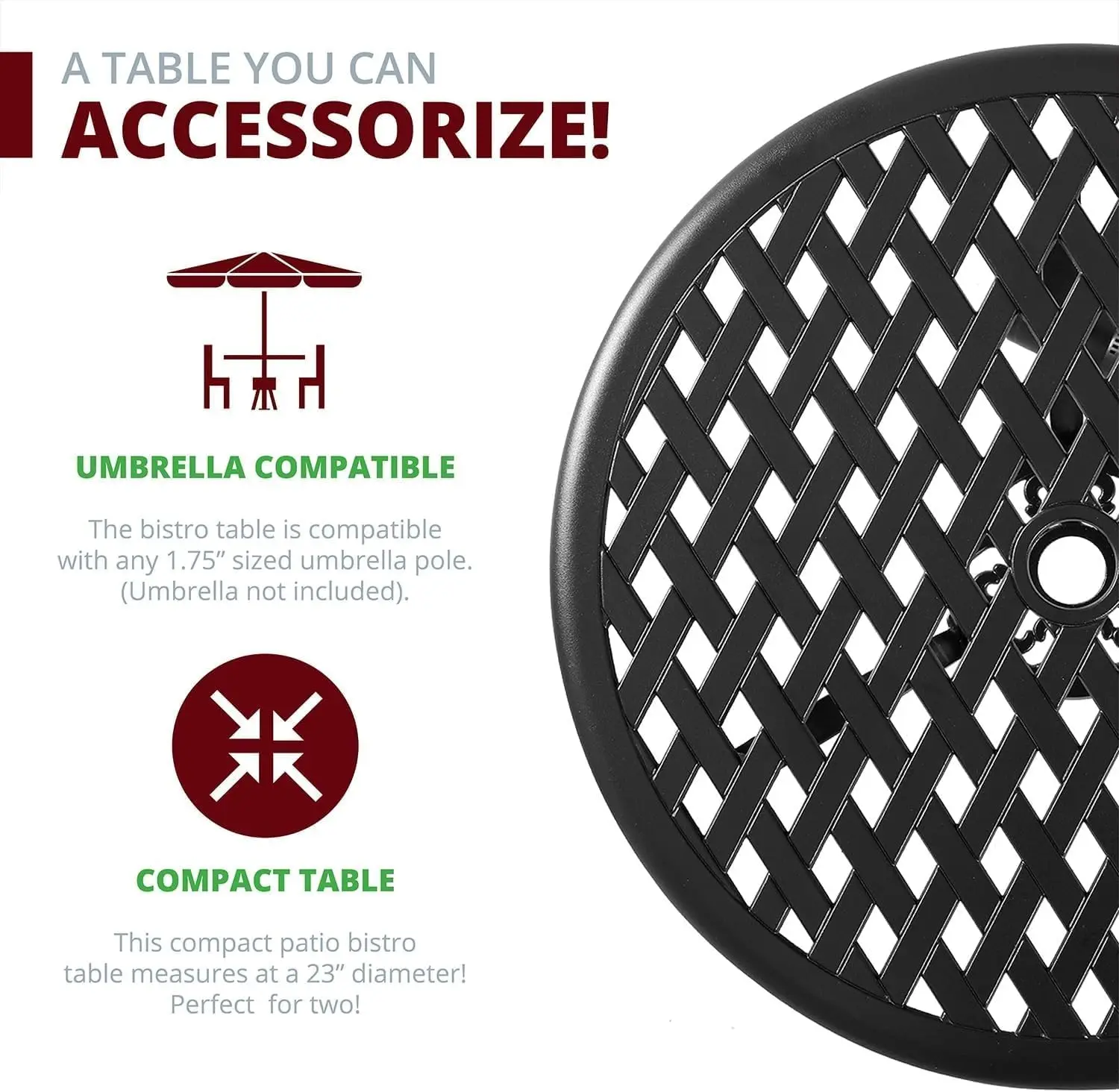 Set da bistrot da esterno Tavolo e sedie da esterno Bstro da 3 pezzi Set tavolo con foro per ombrellone, cuscini, mobili da giardino in alluminio pressofuso