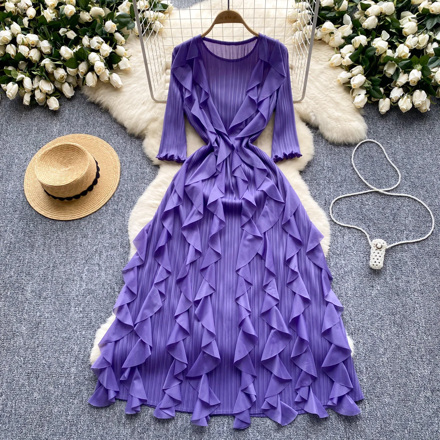 

sweet ruffle PATCHWORK o neck pleated Dress French Party Elegant Summer Sexy Slim Women dresses