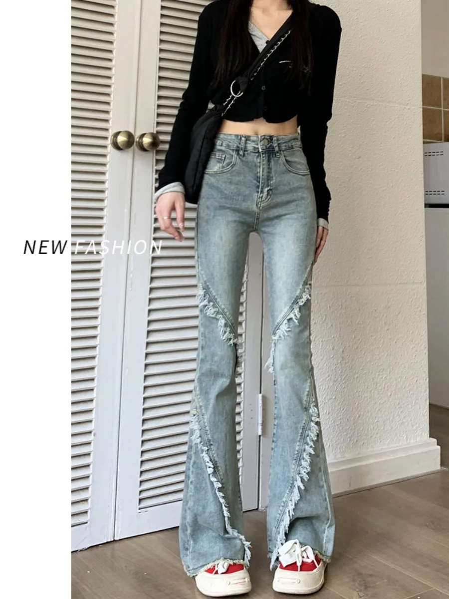 Retro Flared Pants Jeans Blue High Waist Slim Fit Comfort Fringed Horseshoe Trousers Fashionable Versatile Casual Pants New