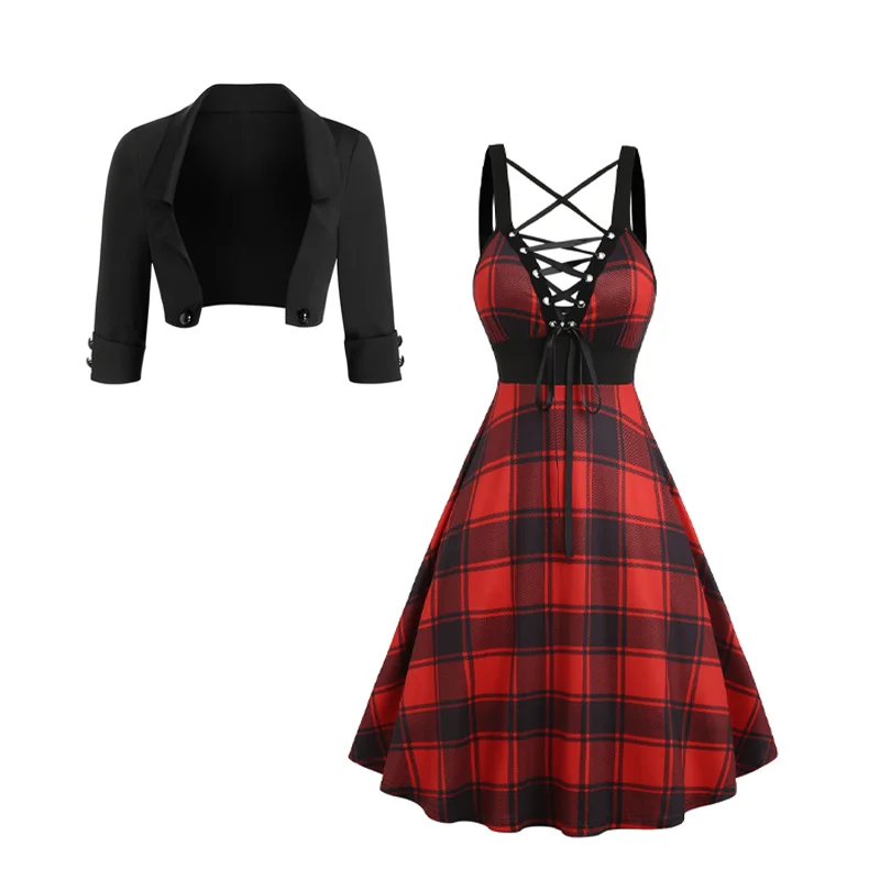 Dressfo – ensemble de robes pour femmes, couleur unie, veste courte ouverte sur le devant et imprimé écossais, robe camisole à lacets, bretelles Spaghetti, tenue