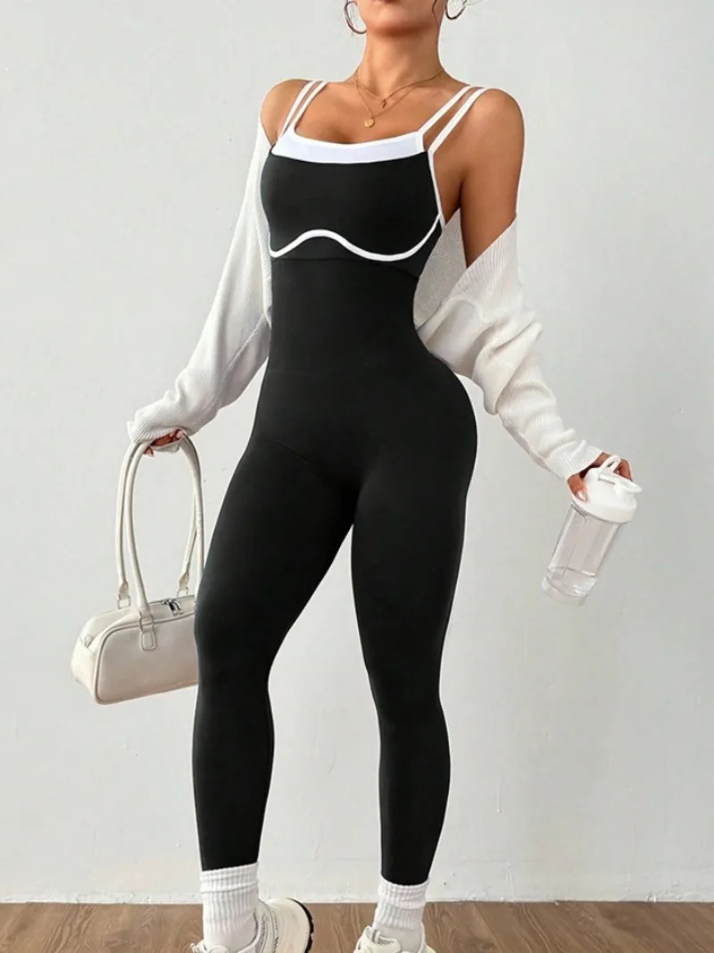 

Woman Spaghetti Strap Yoga Jumpsuits Female Sleeveless One Piece Sports Overalls Backless Tight Gym Fitness Bodysuits Streetwear