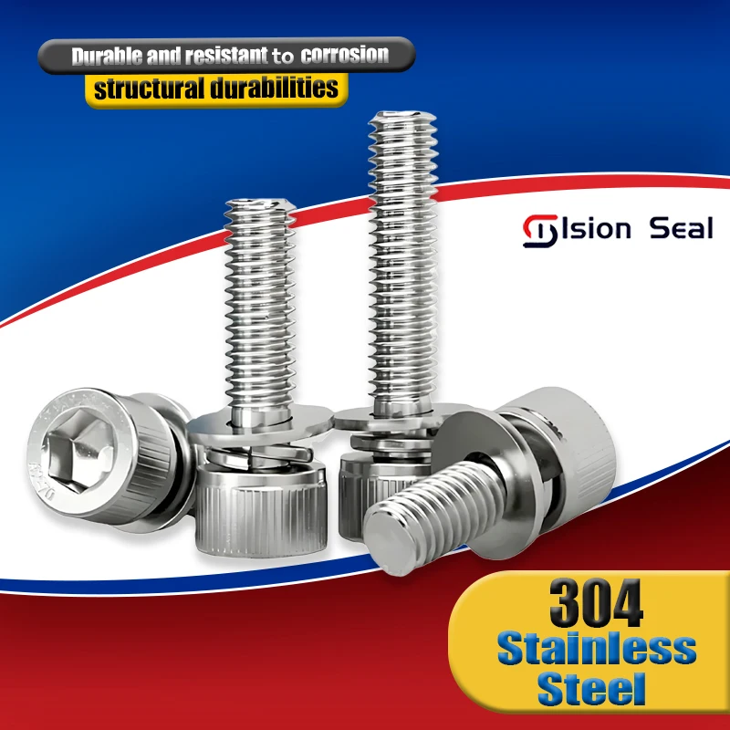 

304 Stainless Steel Hex Hexagon Socket Cap Head SEM Screw Flat Washer Spring Gasket Assemble Bolt M2 M2.5 M3 M4 M5 M6 M8 M10 M12
