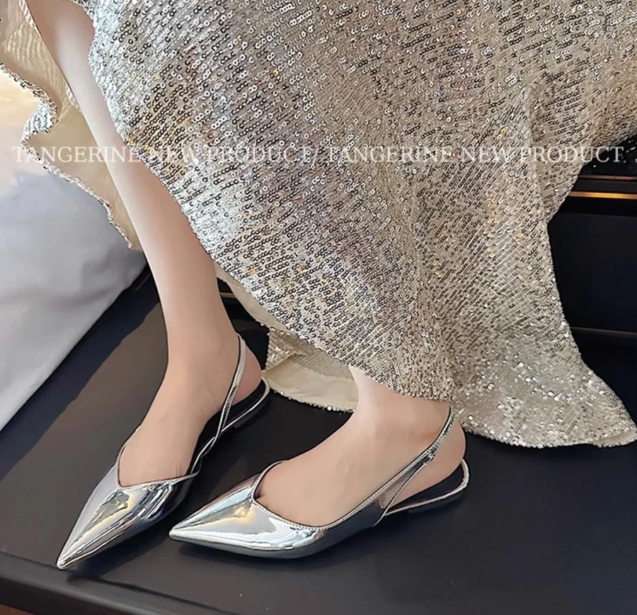 Women Slingbacks Silver Pointed Toe Flat Heel Elegant Ladies Fashion Laser Shoes Spring Autumn Flats Size 41