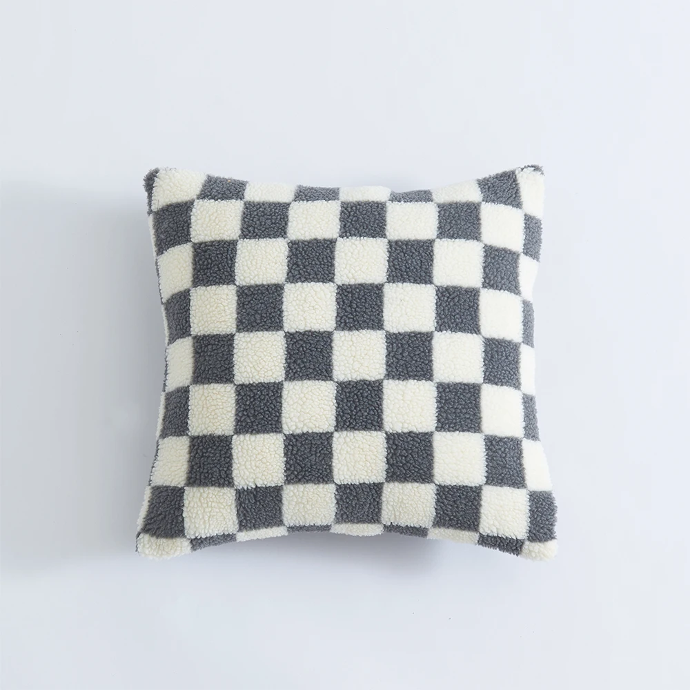 MACT Checkered Cushion Cover Checkerboard Throw Pillowcase Short Fleece Square Pillow Cover For Home Living Room Sofa Decoration