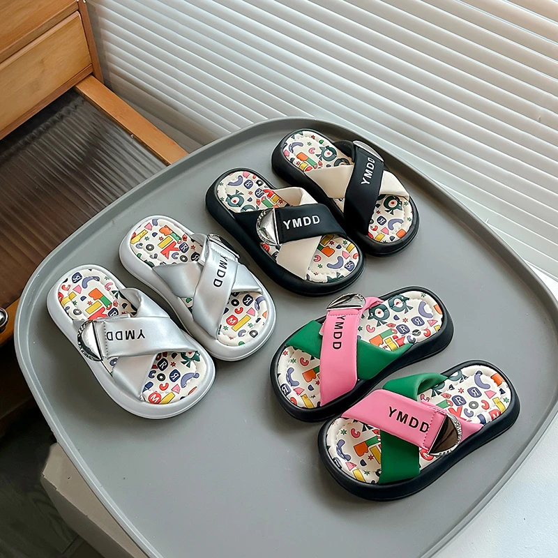 Printed Children's Fashion Slippers Summer PU Leather Patchwork Slippers For Girls Soft Non Slip Outdoor Children's Slippers