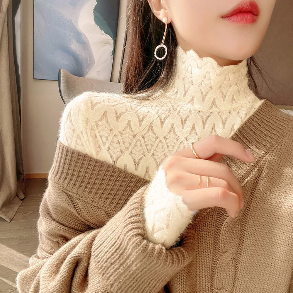 New Warm Lace Basic Turtleneck Long Sleeve Women T-shirt Long Sleeve Slim Stretch Tops S-2XL Fashion Ladies Sexy Tees Sweater