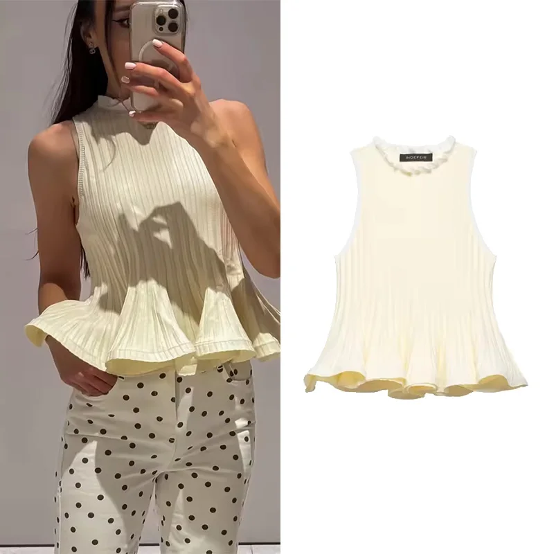 

Women's Rib Knit Top Spring Summer Sleeveless O Neck Women Tank Top Solid Peplum Hem Waistcoat Solid Female Chic Tops