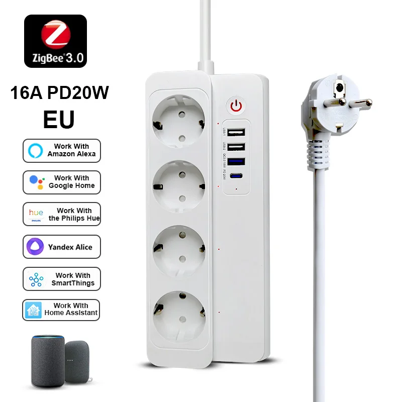 

Удлинитель Zigbee3.0 PD20W Умная USB-розетка с быстрой зарядкой, вилка европейского стандарта, работает с Alexa, Google Home, Yandex Alice, SmartThings