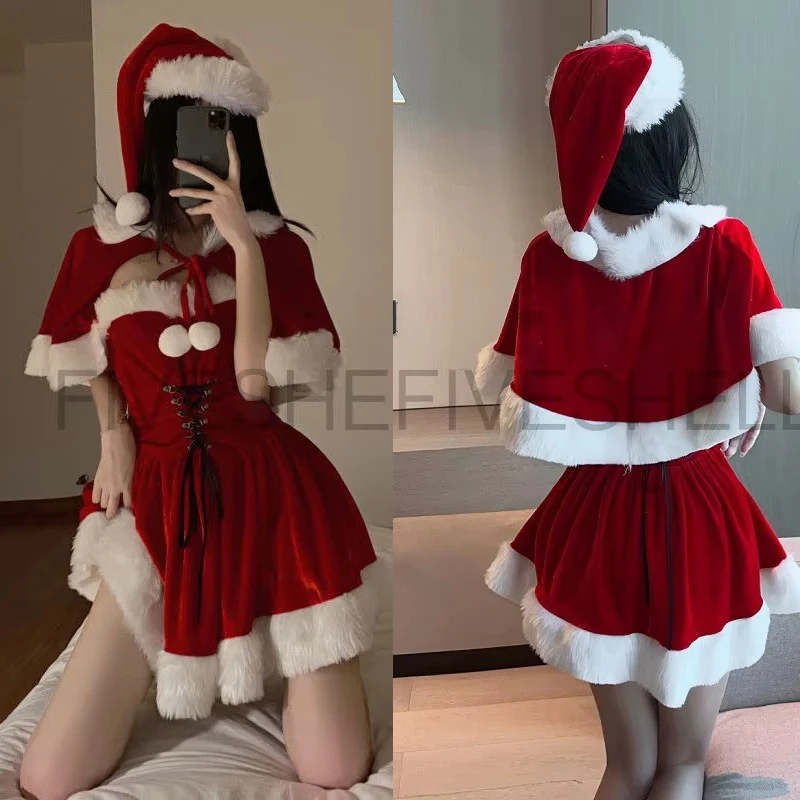 Cosplay Santa Herbst Winter Nette Weihnachten Roten Schal Kleid Frauen Urlaub Kostüm Party Dress Up Fiveshell Weihnachten Outfit Set